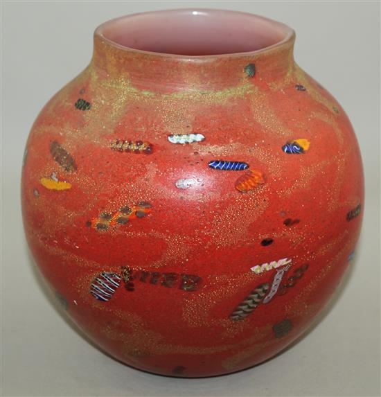 A rare and early Monart red and millefiori glass vase, c.1924, 24cm